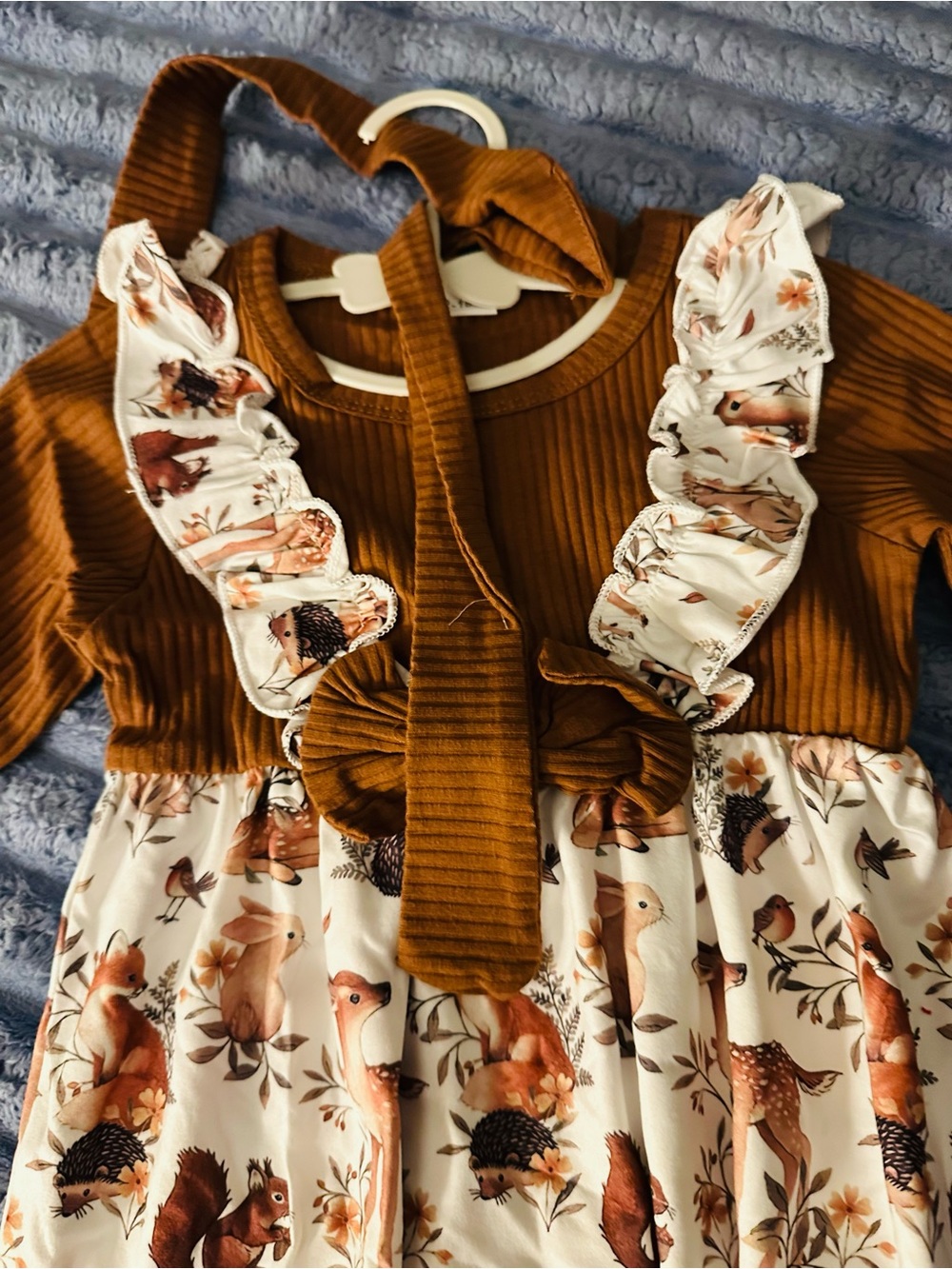 SHEIN Brown Ribbed Bodice Dress with Cream Woodland Print Skirt